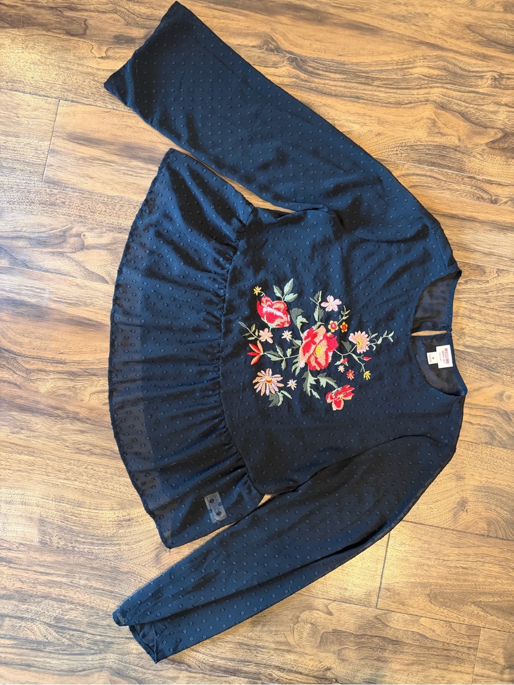 Black Embroidered Floral Peplum Sheer Blouse